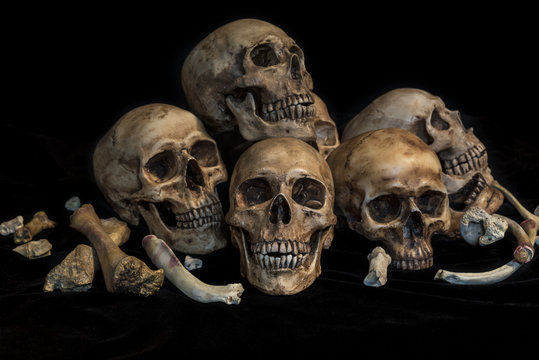 pile of human skulls and bones in genocide concept, still life style