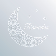Greeting card, invitation for holly moth Ramadan. Decorative ornamental moon and stars. 3D white paper craft style.