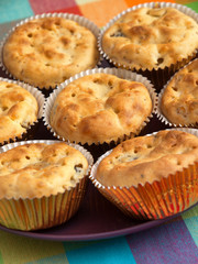Savory muffins with ham, cheese and boiled eggs. Vertical shot