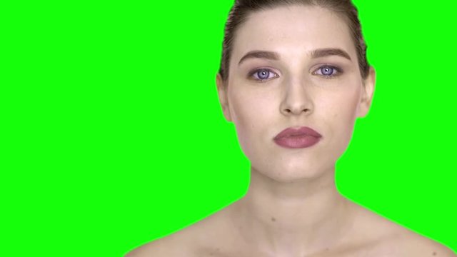 Young happy beautiful natural woman  Face Greenscreen RAW Footage 