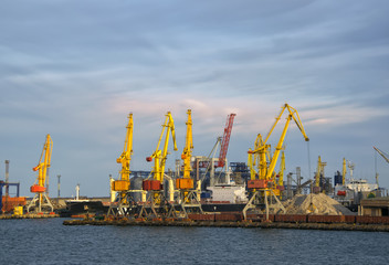Fototapeta premium View of seaport with cranes in sunlight