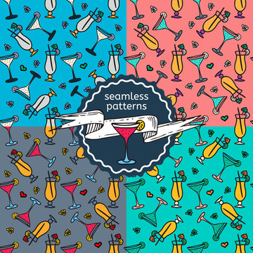 Cocktails seamless patterns set. Cocktails hand-drawn doodle patterns on colorful background. Vector illustration for web, mobile and print.