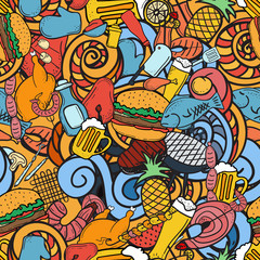 Vector hand-drawn seamless pattern doodle on the subject of grill and bbq. Barbecue seamless pattern. Vector illustration for web, mobile and print.