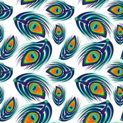Peacock feathers seamless pattern. Peacock feathers on white background. Vector illustration. Pattern for web, mobile and print.