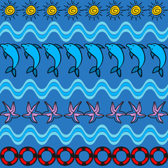 Summer seamless pattern with dolphin, sun, starfish and life preserver. Vectortexture for web, print and textile.