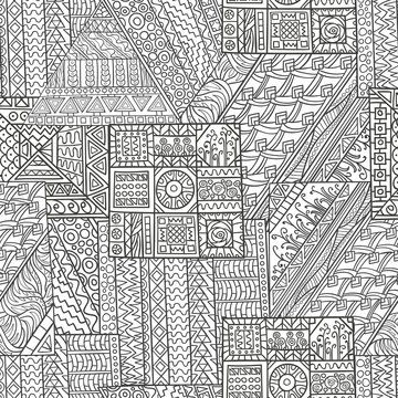 Seamless pattern of hand-drawn and colored abstract elements.
 Vector graphics. Monochrome gamma .