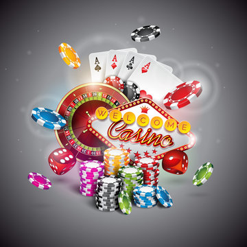 Vector illustration on a casino theme with color playing chips and poker cards on dark background.