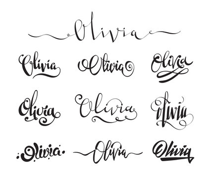 Personal name Olivia. Vector handwritten calligraphy tattoo design set