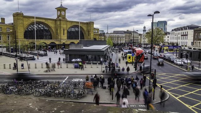 Time lapse view of a busy crossroad by King's Cross station in London