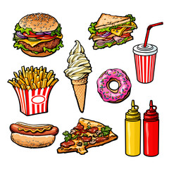 set fast food meal, sketch hand-drawn elements of fast food, ice cream burger, sandwich, soda lemonade, ponchos, pizza hot dog french fries, sauces, ketchup and mustard, fast food ready icons