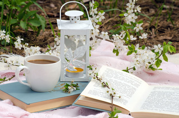 Spring still life with books and Cup of coffee