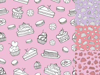 Doodle bakery,Cakes seamless pattern.Vintage linear set