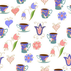 Seamless pattern in Doodle style with cups, flowers and hearts.
