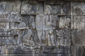 Ancient stone reliefs in Borobudur temple