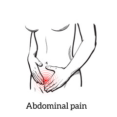Concept illustration of a womans pain in stomach, menstrual cramps, diarrhea, indigestion, girl holding hands on a sick stomach, sketch kartnika on a white background with a red area of pain