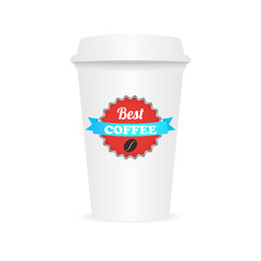 Vector coffee cup to go template. Design elements for coffee shops - cardboard cup with emblem and logo in trendy style. 