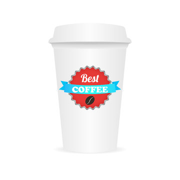 Vector coffee cup to go template. Design elements for coffee shops - cardboard cup with emblem and logo in trendy style. 