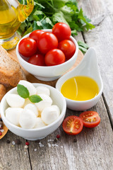 delicious mozzarella and ingredients for a salad on wooden table