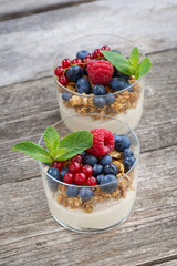 dessert with sweet cream, fresh berries and granola 