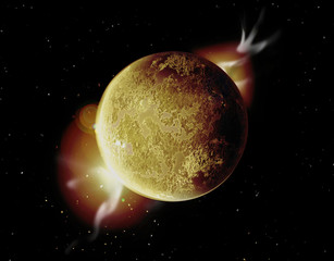 gelber planet illustration im weltall mit aura und sternen