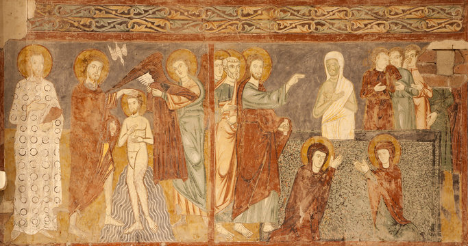 VERONA - JANUARY 27: Fresco of Resurrection of Lazarus and baptism of Christ from 13. - 14. cent. in basilica San Zeno in January 27, 2013 in Verona, Italy.