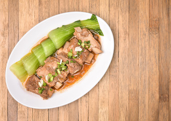 Steam Pork side rip and Bok Choy, Pak Choi Cabbage on wood backg