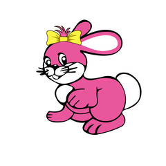 Isolated on white background pink rabbit with a bow