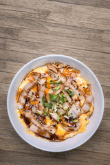 Traditional Japanese food, Oyakodon and rice in a bowl. (Chicken