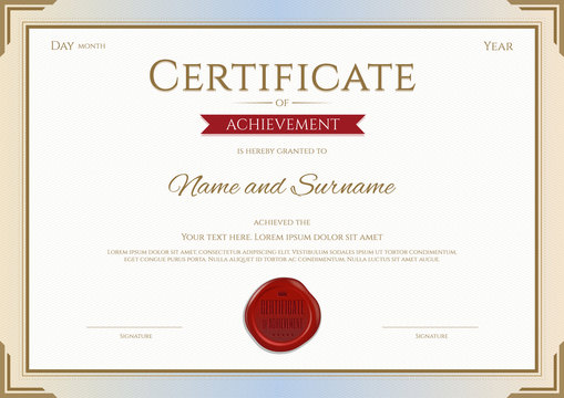 Certificate of achievement template in vector gold and red theme