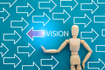 visions concept with direction arrow with wooden figure