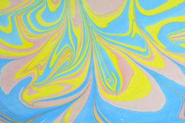 Fototapeta na wymiar Marbled liquid unique pattern. Ethnic ebru marbling abstract unique wave background. Ebru marble style texture. Paint spills on highly textured paper. Japanese paper.