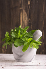 Mint sprigs in stone mortar