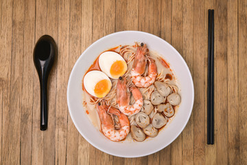 Spicy Tom Yum Goong, Creamy Shrimp Ramen with egg and mushroom o