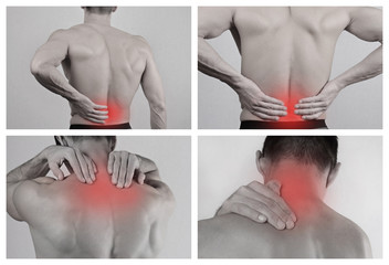 Collage set showing pain back and neck pain. Pain relief concept