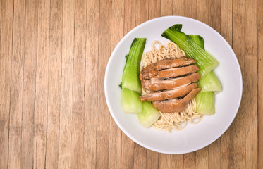 Ramen with chicken teriyaki and Bok Choy, Pak Choi Cabbage on wo