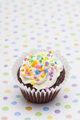 cupcake decorated with cream and sprinkles.