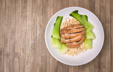 Ramen with chicken teriyaki and Bok Choy, Pak Choi Cabbage on wo