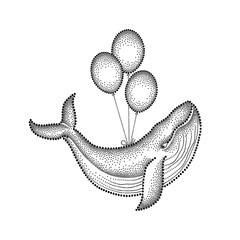 Vector illustration of dotted humpback whale and three air balloons in black isolated on white background. Maritime theme with whale for summer design. Concept with whale in dotwork style for tattoo.
