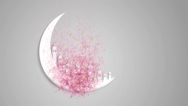 Islamic ramadan in white moon shape,dust particle background animation.Light ray effect. UHD 4k 3840x2160.
