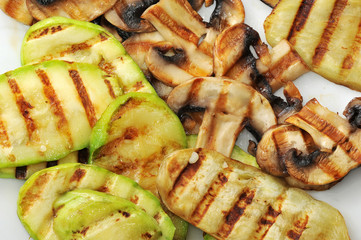 green background of sliced zucchini and sliced mushrooms
