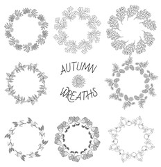 Vector wreaths of autumn elements. Beautiful round wreaths of yellow and red leaves, acorns, berries, cones and branches. Decor for invitations, greeting cards, posters.