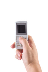 Man's hand holding a phone on white background