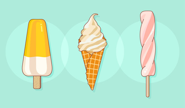 Set of colorful tasty isolated ice cream at a turquoise background. Crunchy wafer cone filled with ice cream and fruit juice on a wooden stick. Vector Illustration.