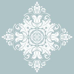 Damask pattern with oriental elements. Abstract traditional light blue and white ornament