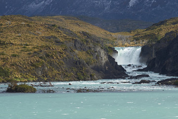 Waterfall Salto Grande connecting Lago Nordenskjoldin and Lago Pehoe in Torres del Paine National Park, Magallanes, Chile