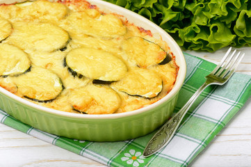 Casserole with zucсhini, chicken and cheese before cooking.