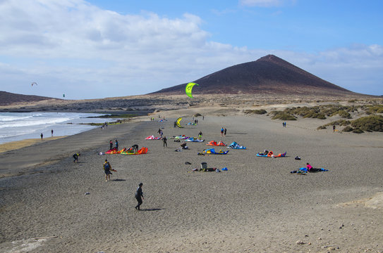 Tenerife,Canary islands,Spain-23,March,2016.Kitesurfers on the Medano beach, the most most popular place  for kitesurf on Tenerife.