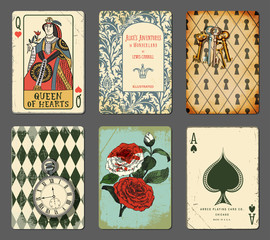 Alice in Wonderland Cards - Set of cards illustrating famous novel by Lewis Carroll, including Queen of Hearts, white roses painted red, White Rabbit's clock, book title page and keyhole wall