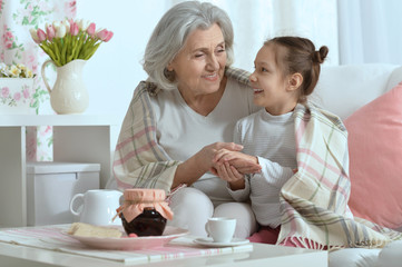 Obraz na płótnie Canvas Senior woman with granddaughter with tea