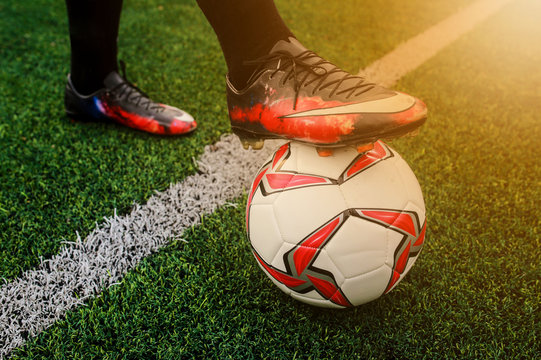 Soccer Ball At The Kickoff Of A Game With Sunset